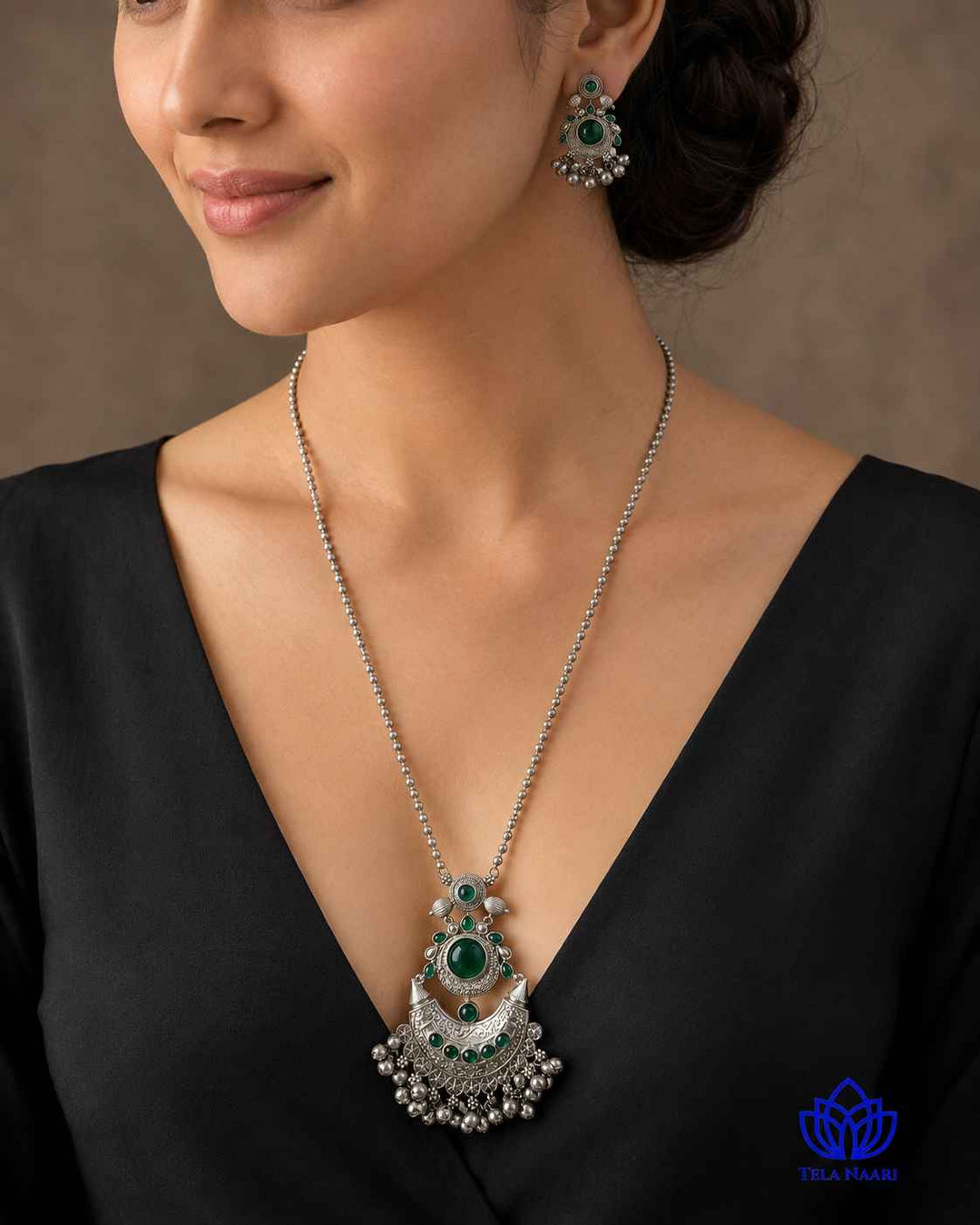Kajal Silver Plated Green Stone Necklace Set