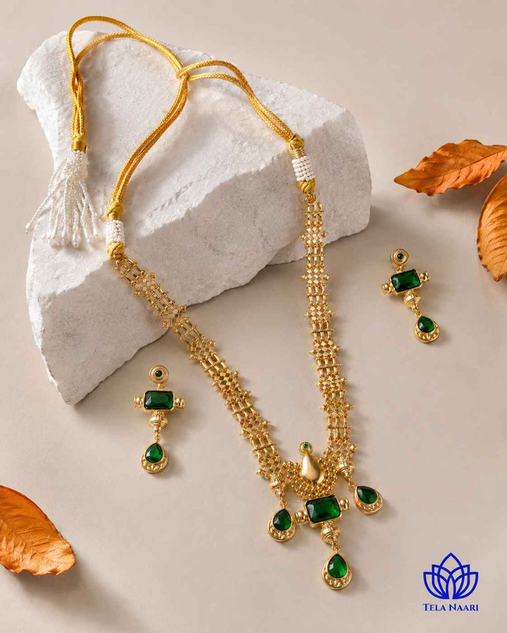 Gautami Gold Plated Green Tear Drop Stone Traditional Necklace Set