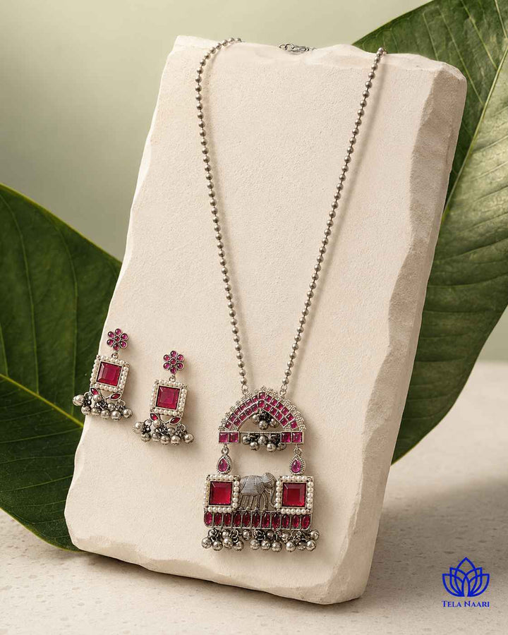 Juhi Silver Plated Red Stone Necklace Set