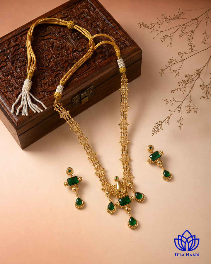 Gautami Gold Plated Green Tear Drop Stone Traditional Necklace Set
