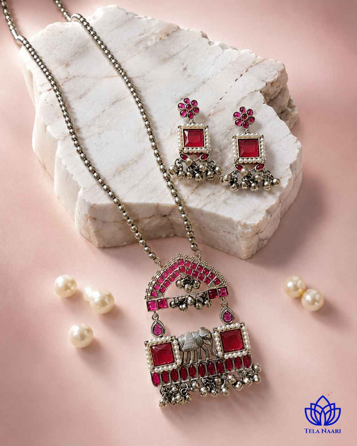 Juhi Silver Plated Red Stone Necklace Set