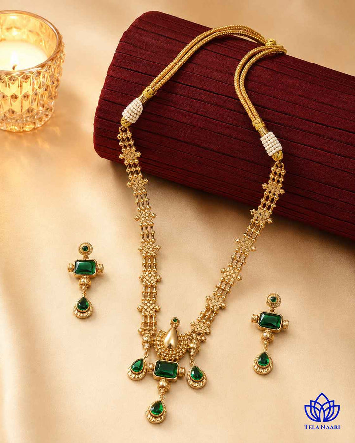 Gautami Gold Plated Green Tear Drop Stone Traditional Necklace Set