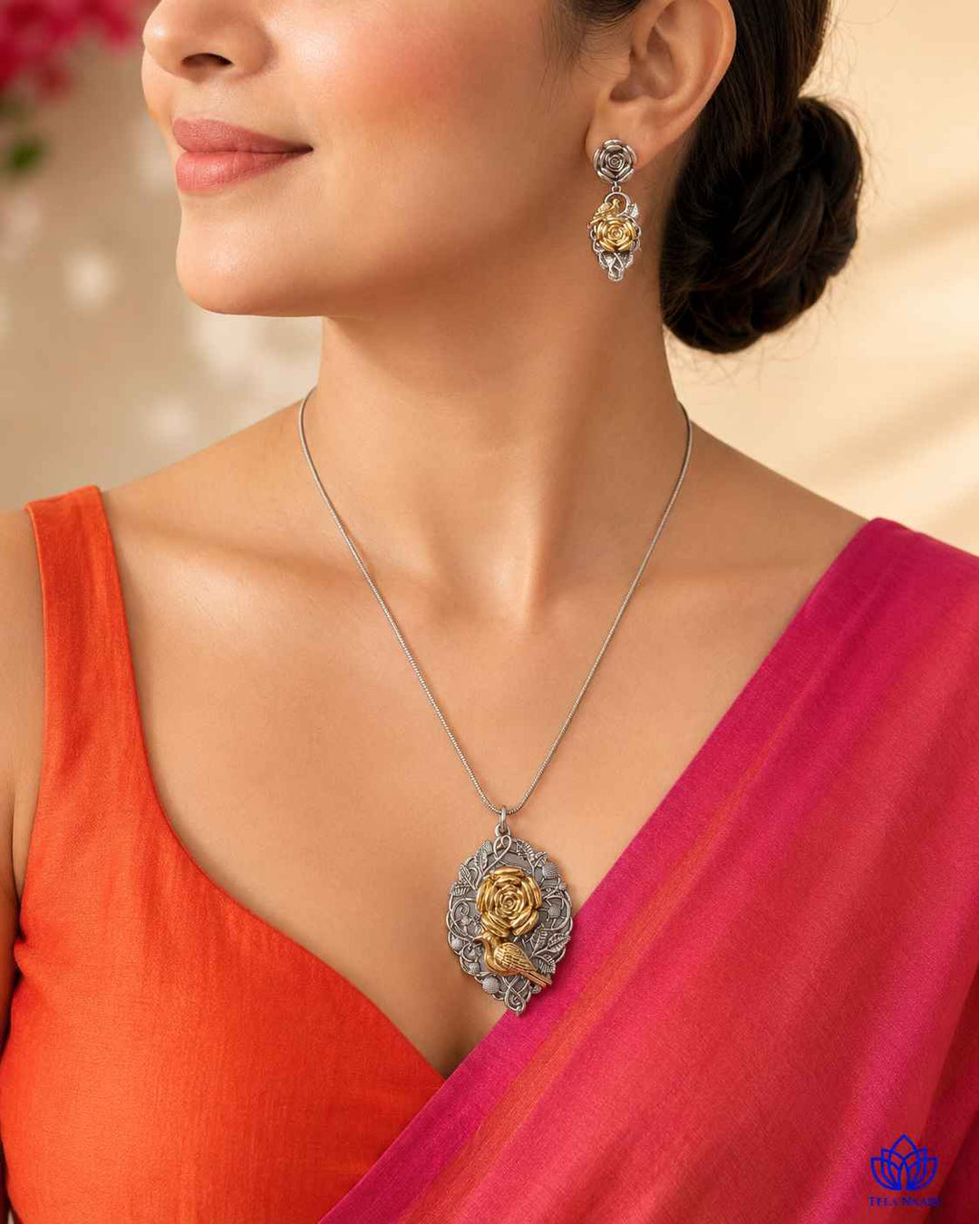 Kavya Dual Tone Rose Petal Necklace Set