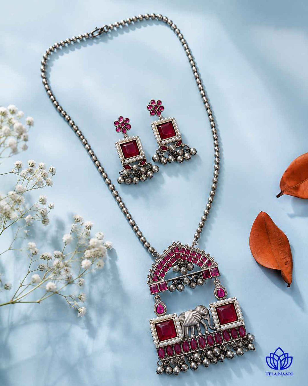 Juhi Silver Plated Red Stone Necklace Set
