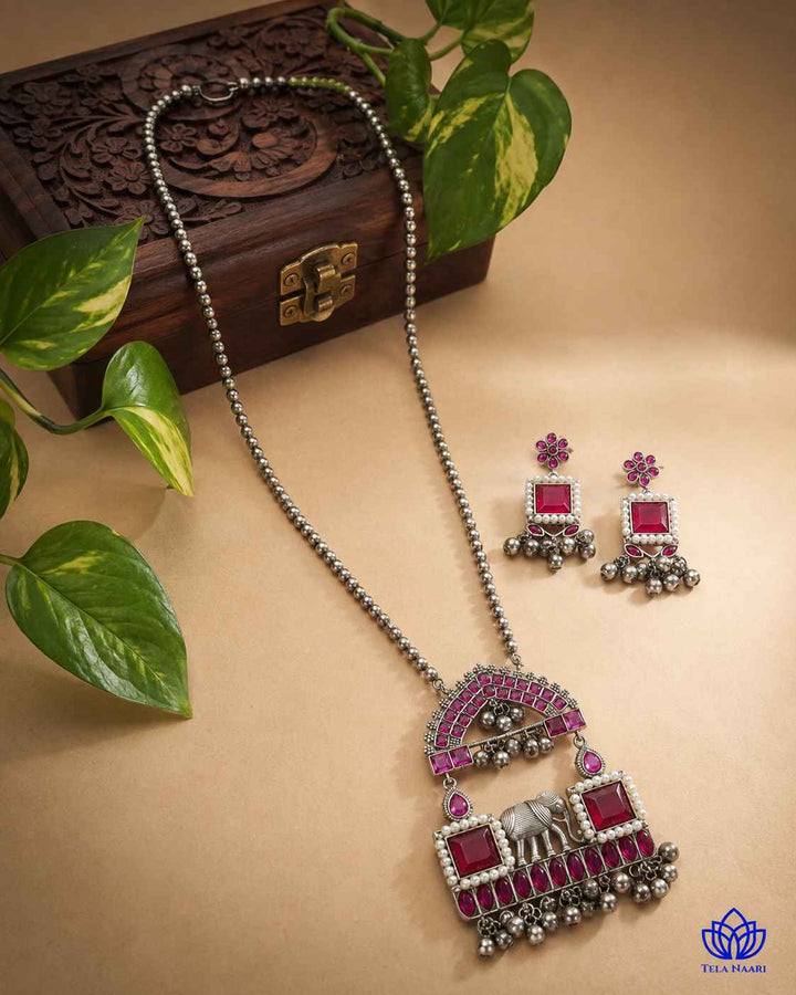 Juhi Silver Plated Red Stone Necklace Set