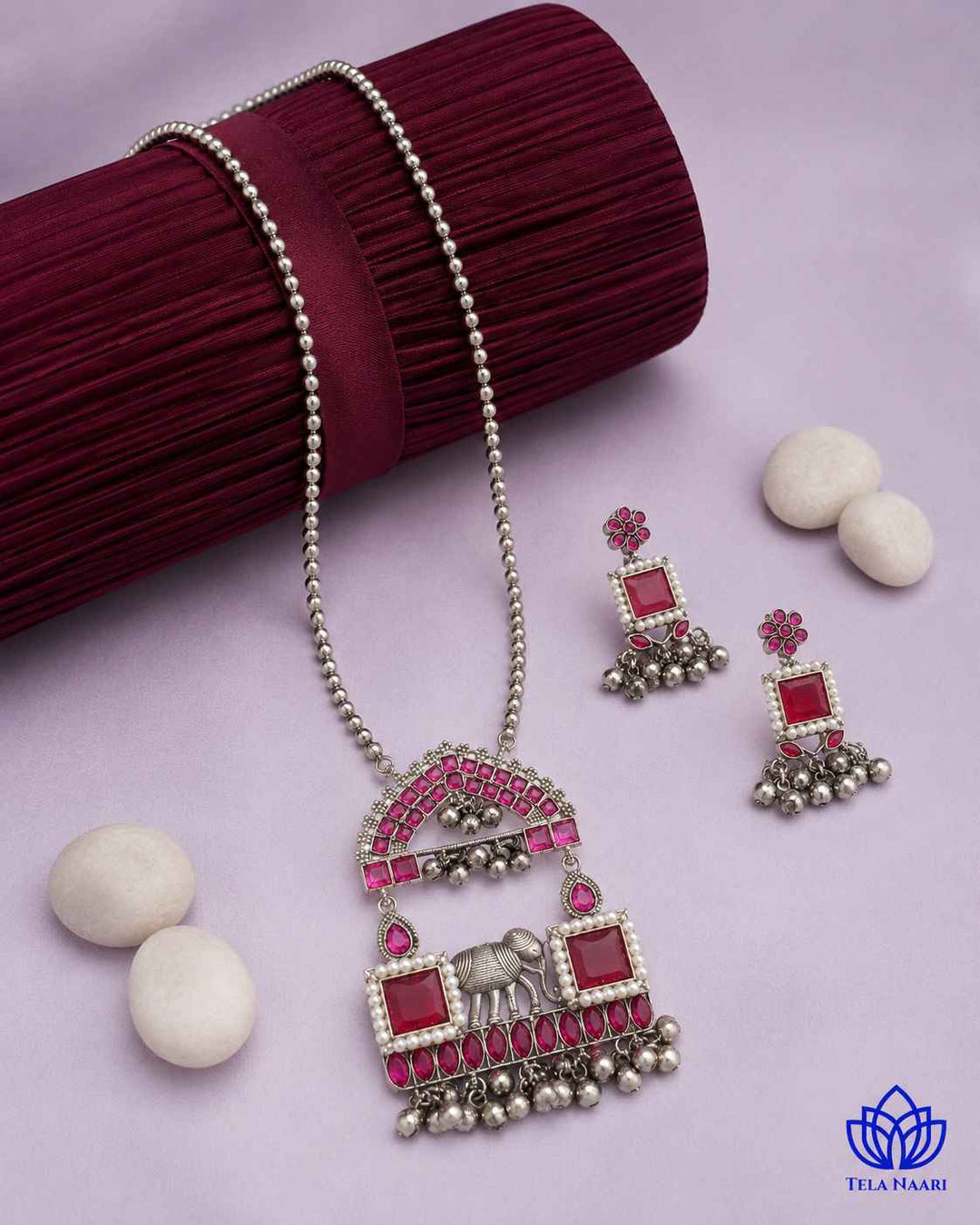 Juhi Silver Plated Red Stone Necklace Set