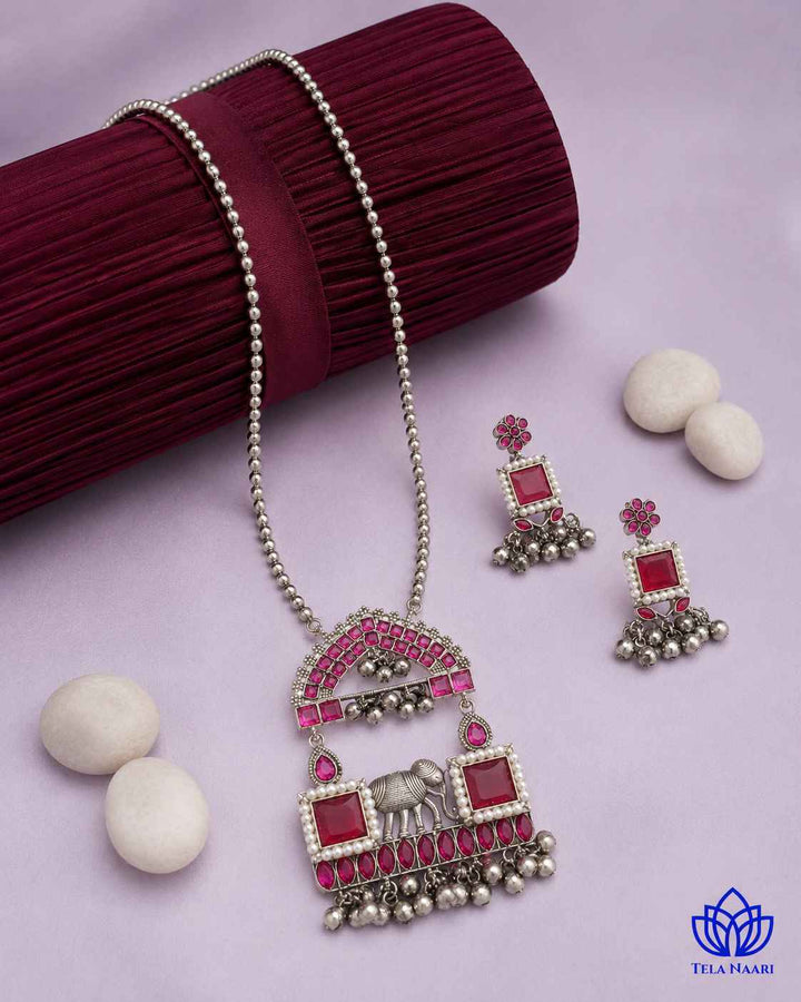 Juhi Silver Plated Red Stone Necklace Set