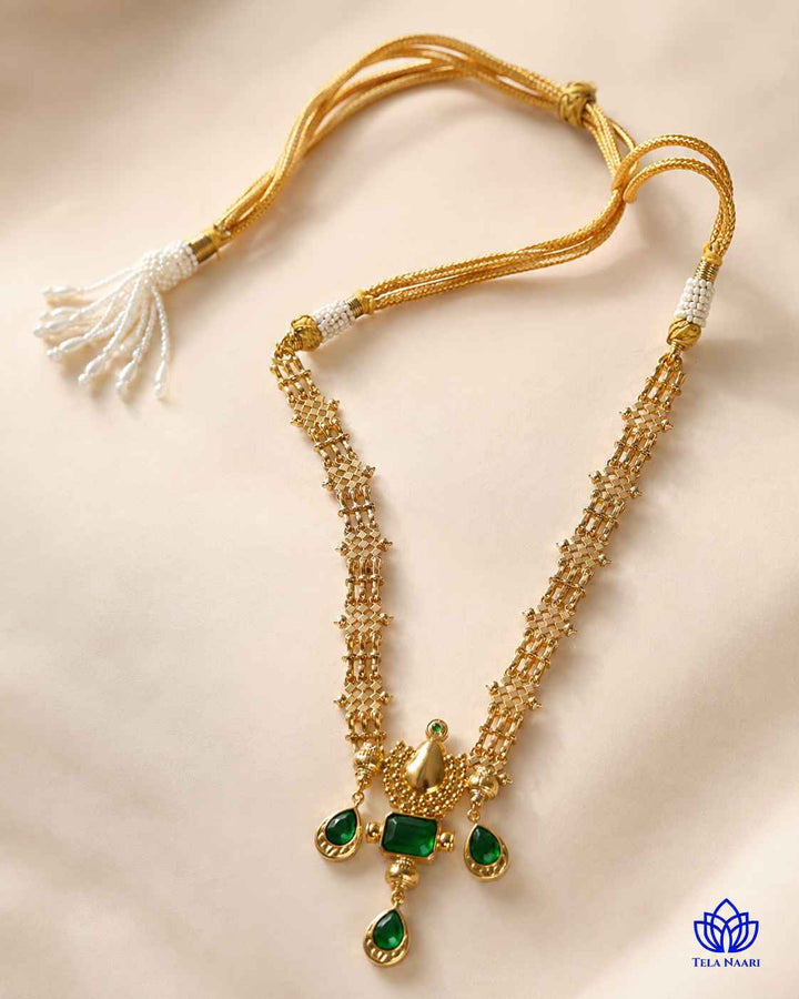 Gautami Gold Plated Green Tear Drop Stone Traditional Necklace Set
