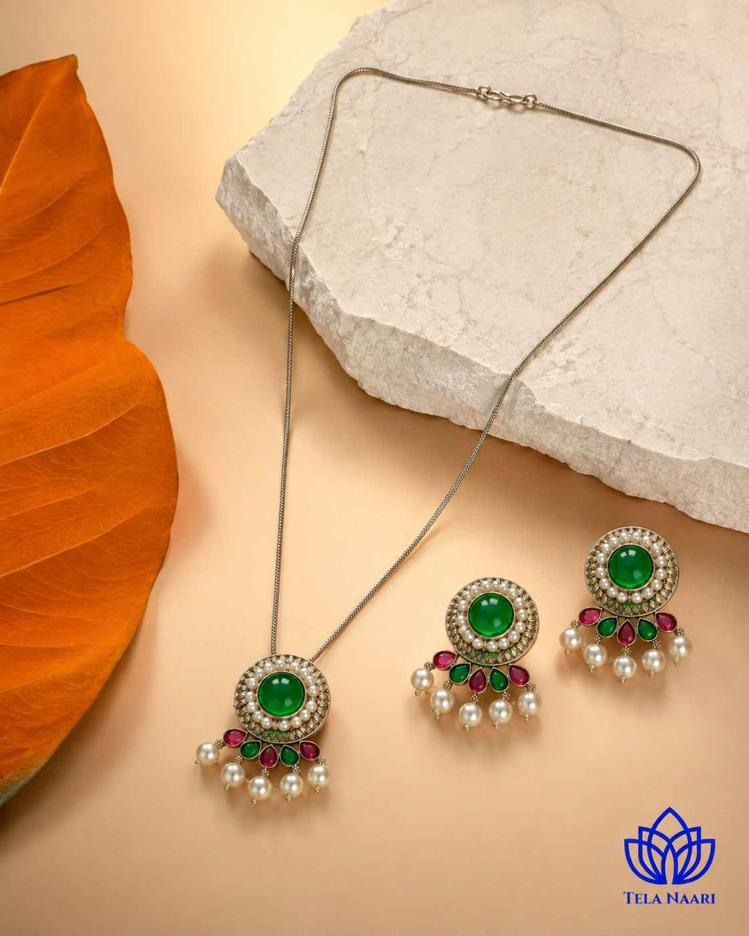 Kalpana Silver Plated Red Green Stone Necklace Set
