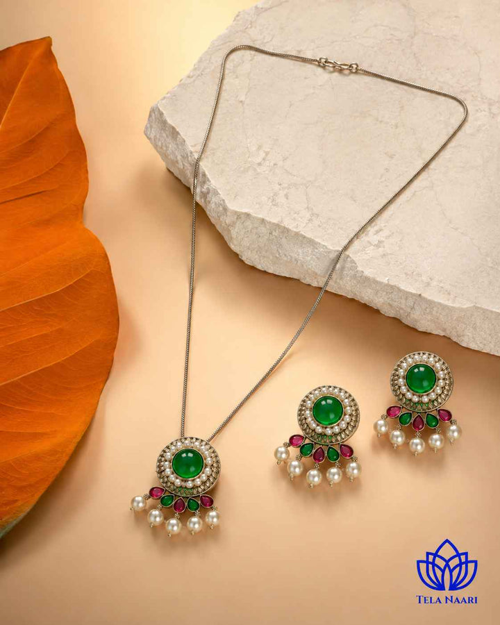 Kalpana Silver Plated Red Green Stone Necklace Set