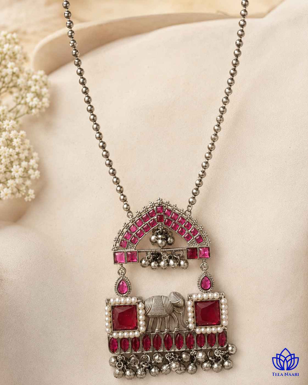 Juhi Silver Plated Red Stone Necklace Set