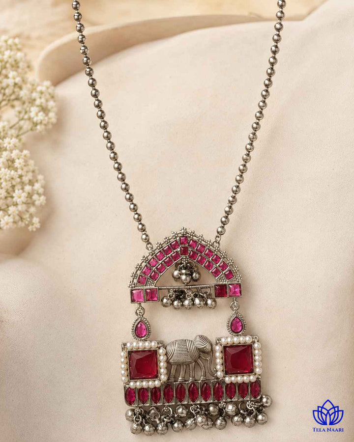 Juhi Silver Plated Red Stone Necklace Set