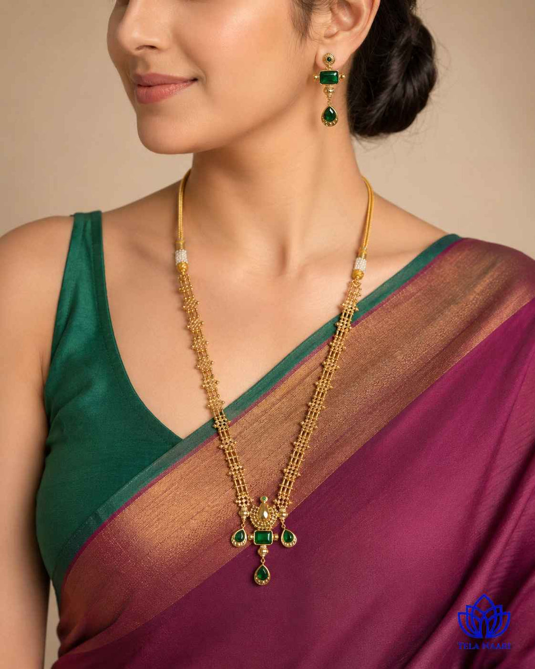 Gautami Gold Plated Green Tear Drop Stone Traditional Necklace Set