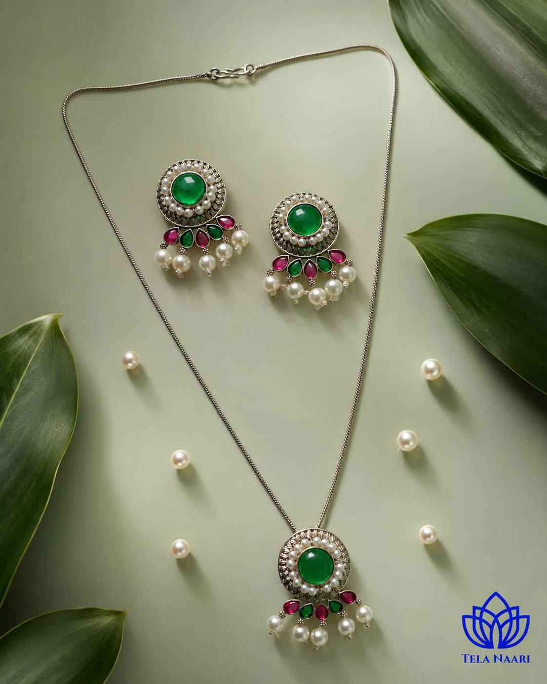 Kalpana Silver Plated Red Green Stone Necklace Set