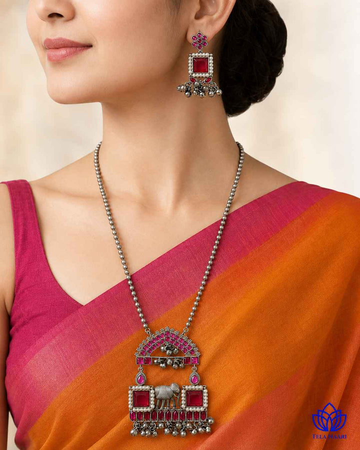 Juhi Silver Plated Red Stone Necklace Set