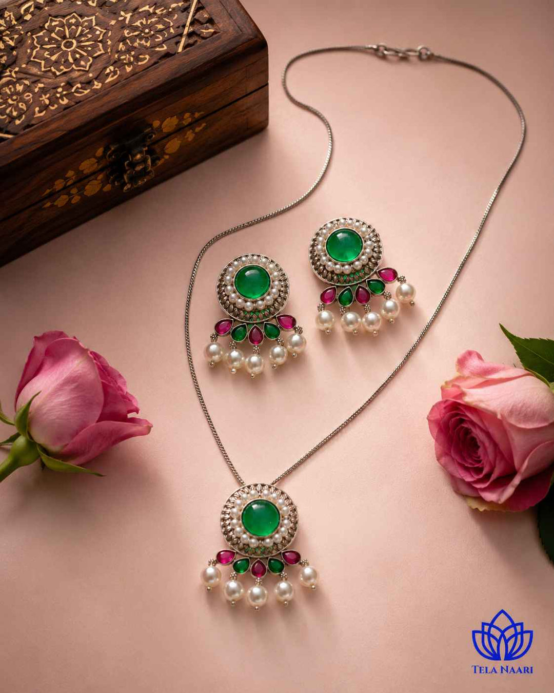 Kalpana Silver Plated Red Green Stone Necklace Set