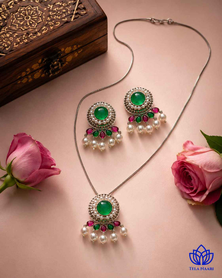 Kalpana Silver Plated Red Green Stone Necklace Set