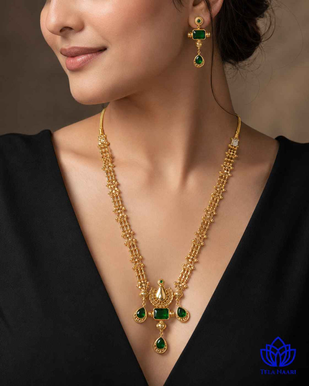 Gautami Gold Plated Green Tear Drop Stone Traditional Necklace Set