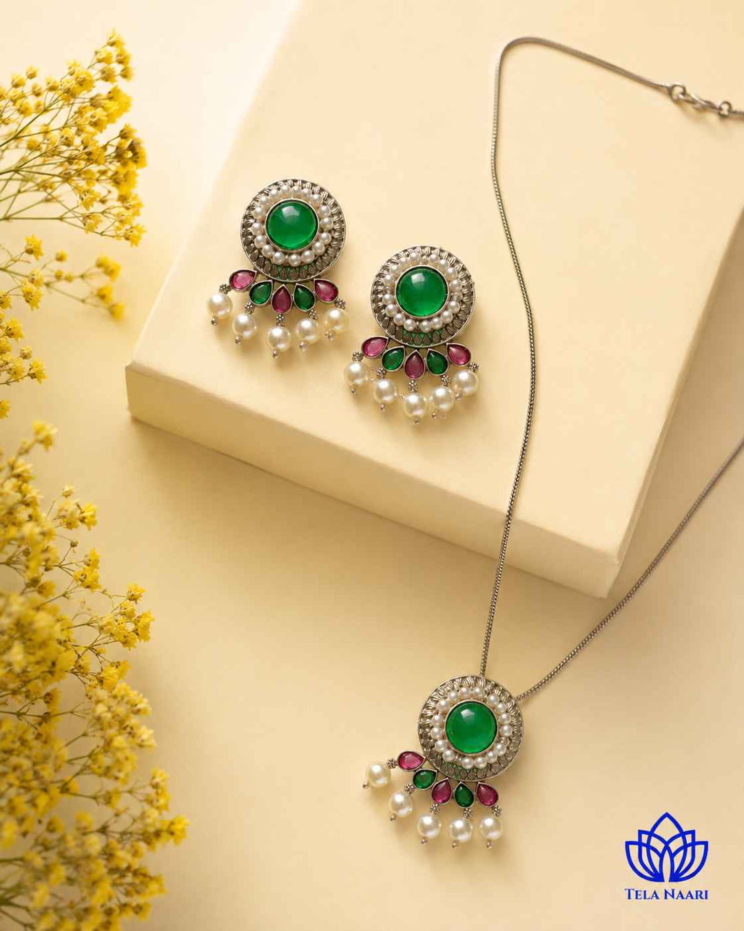 Kalpana Silver Plated Red Green Stone Necklace Set