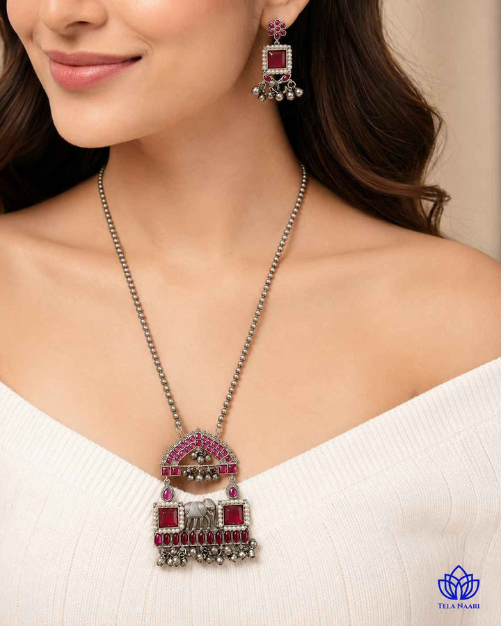 Juhi Silver Plated Red Stone Necklace Set
