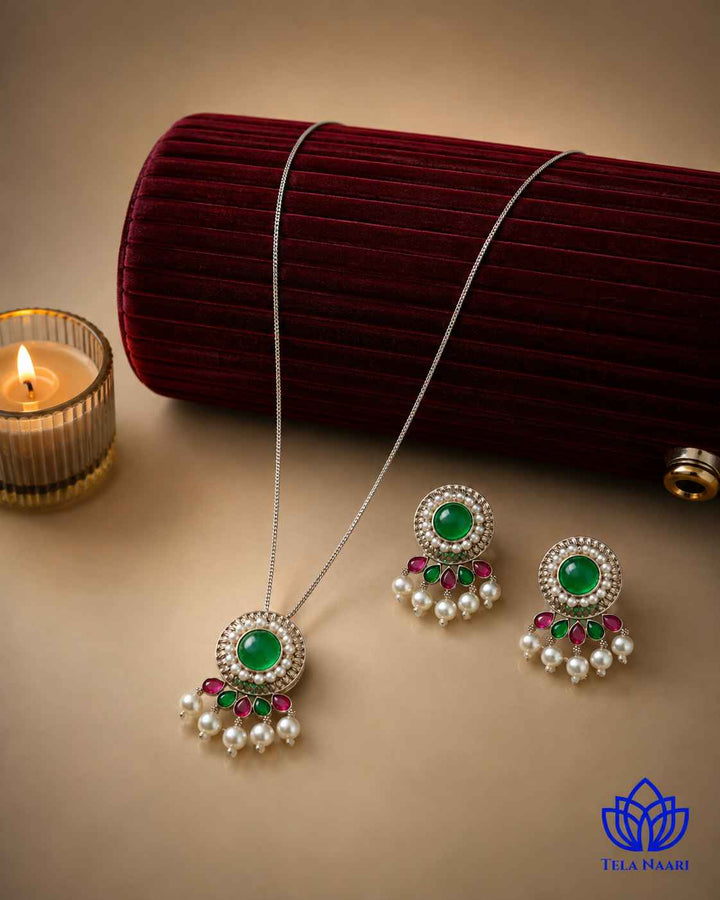 Kalpana Silver Plated Red Green Stone Necklace Set