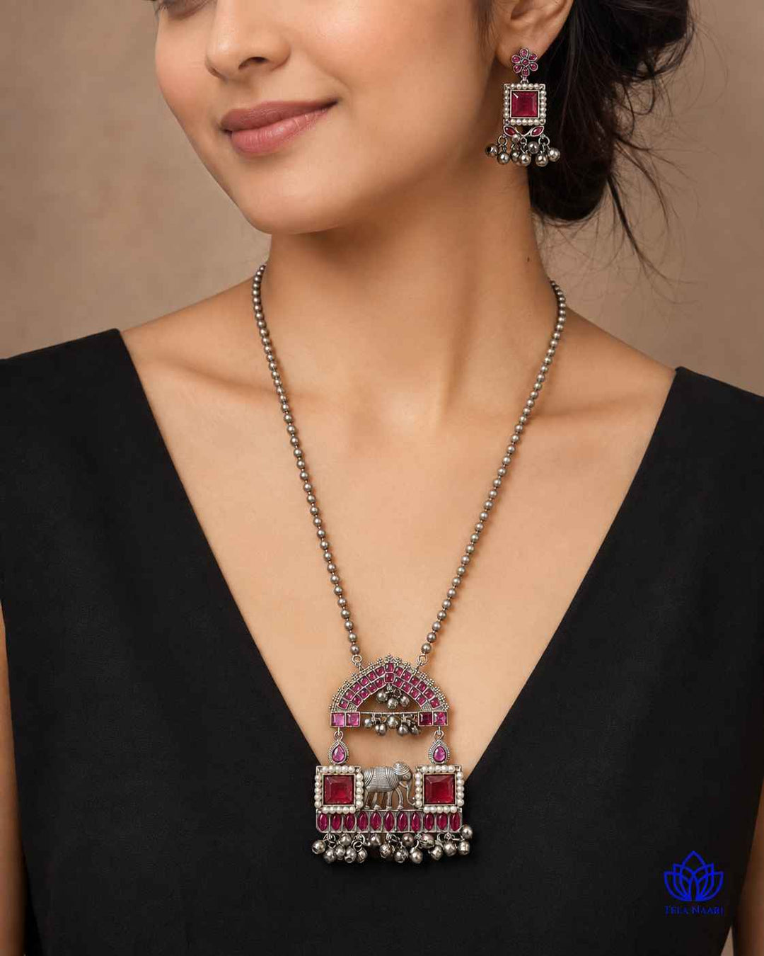 Juhi Silver Plated Red Stone Necklace Set