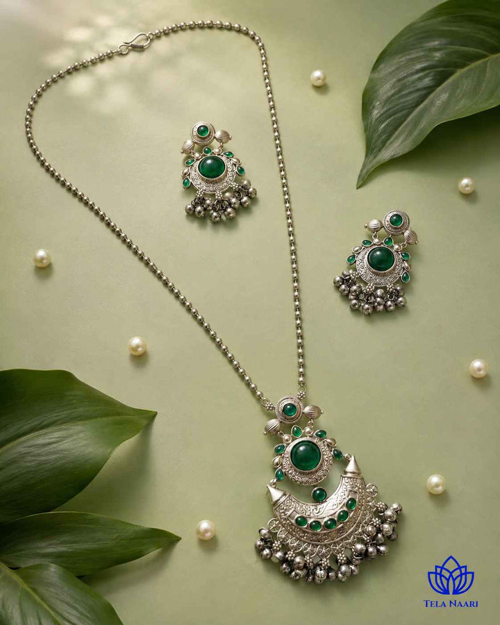 Kajal Silver Plated Green Stone Necklace Set