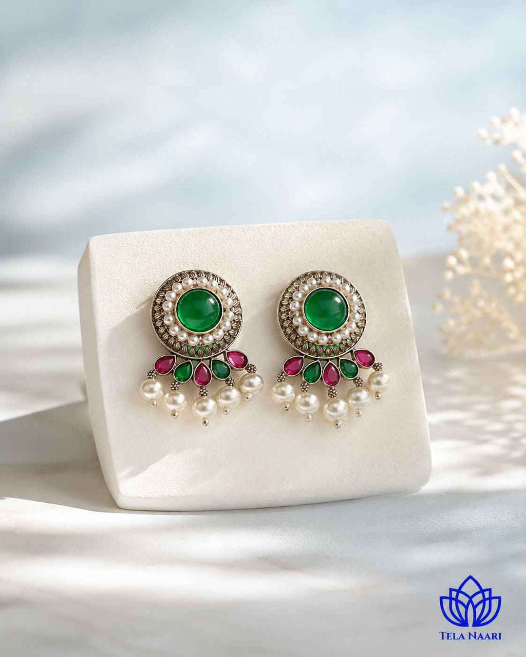 Kalpana Silver Plated Red Green Stone Necklace Set