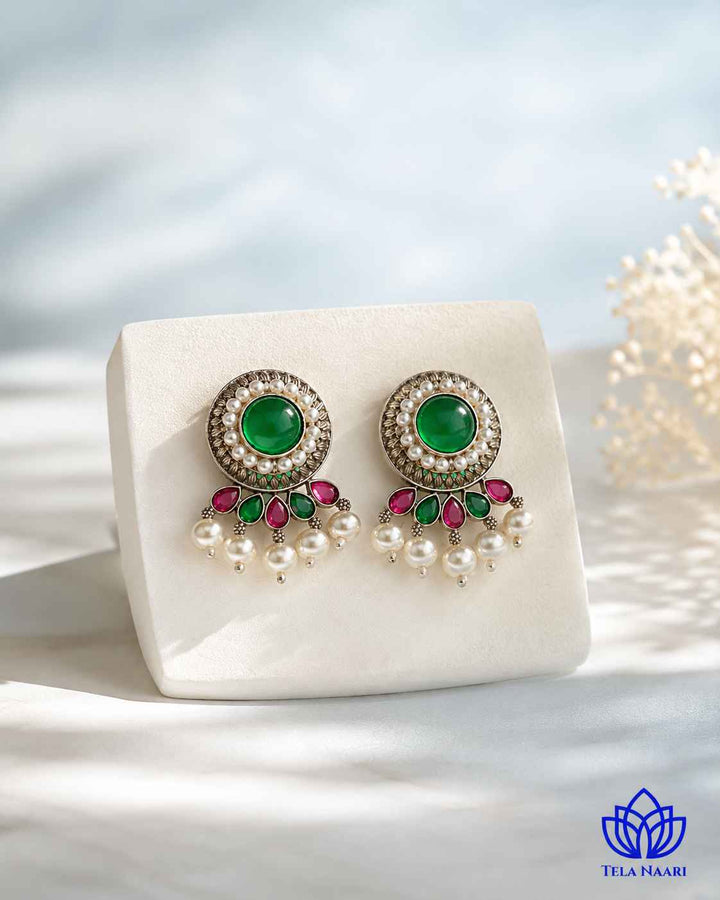 Kalpana Silver Plated Red Green Stone Necklace Set
