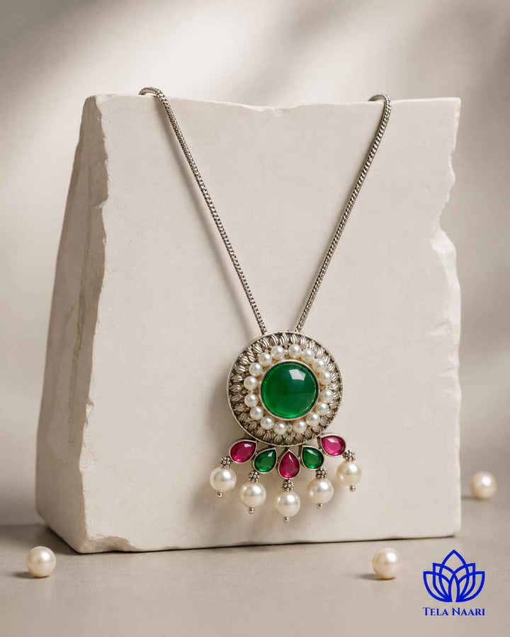 Kalpana Silver Plated Red Green Stone Necklace Set