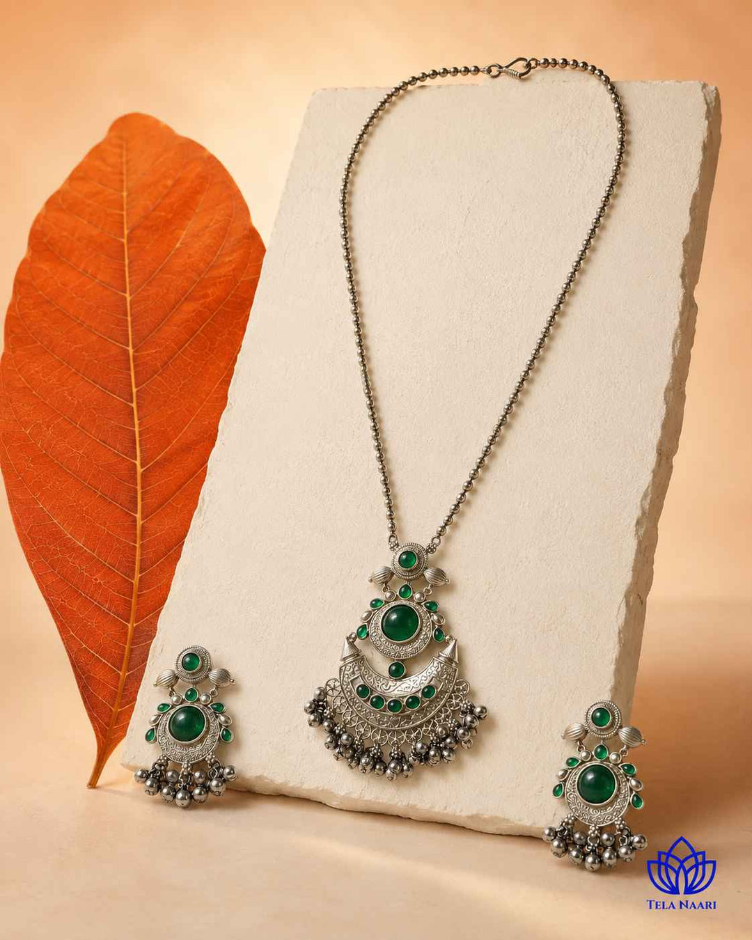 Kajal Silver Plated Green Stone Necklace Set