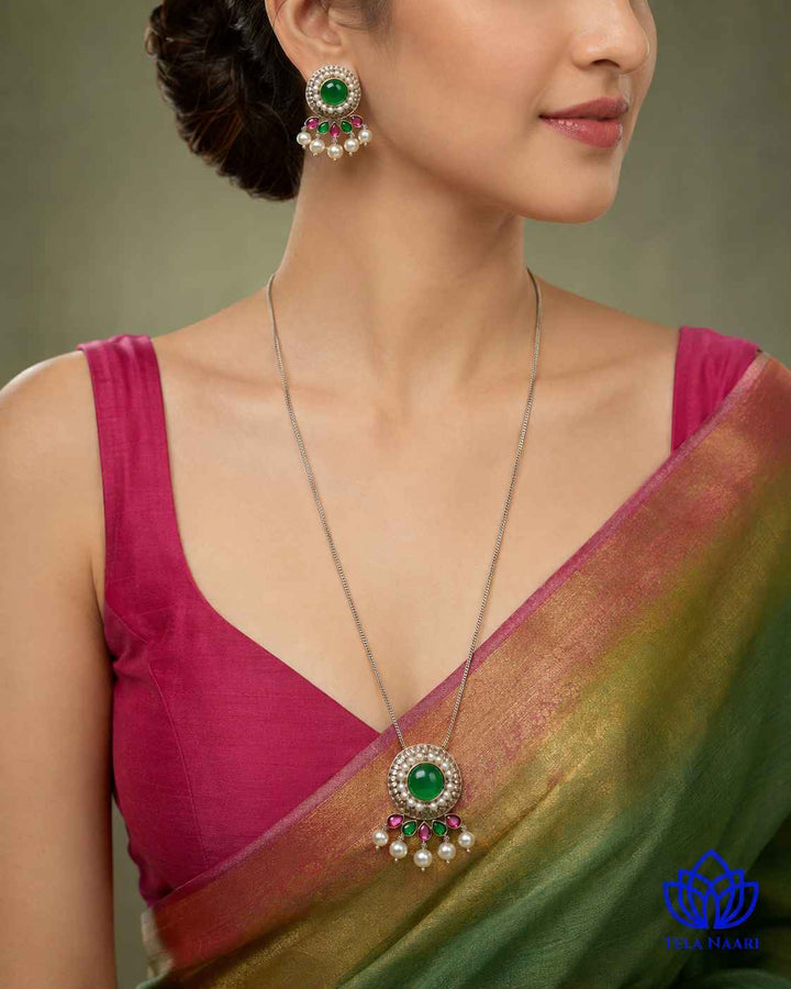 Kalpana Silver Plated Red Green Stone Necklace Set