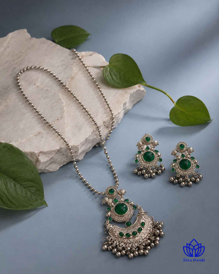 Kajal Silver Plated Green Stone Necklace Set