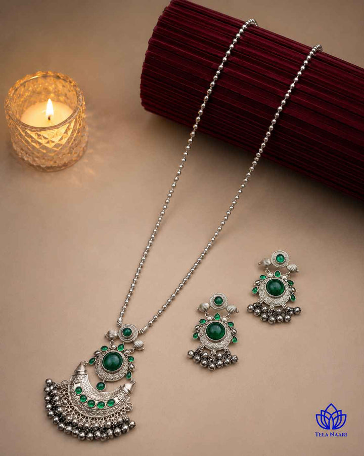 Kajal Silver Plated Green Stone Necklace Set