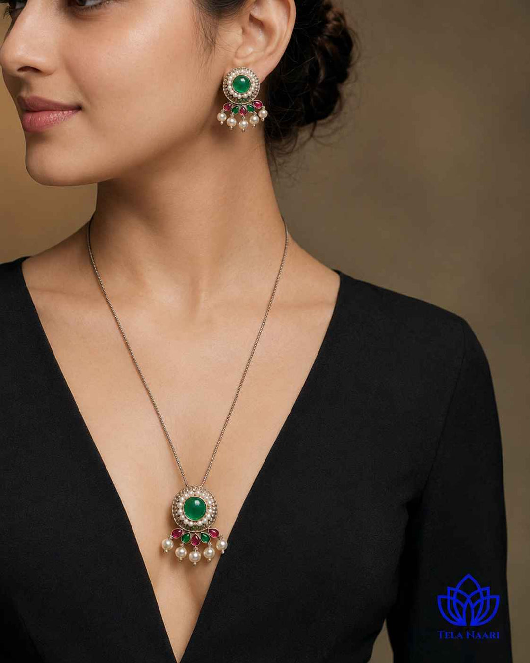 Kalpana Silver Plated Red Green Stone Necklace Set