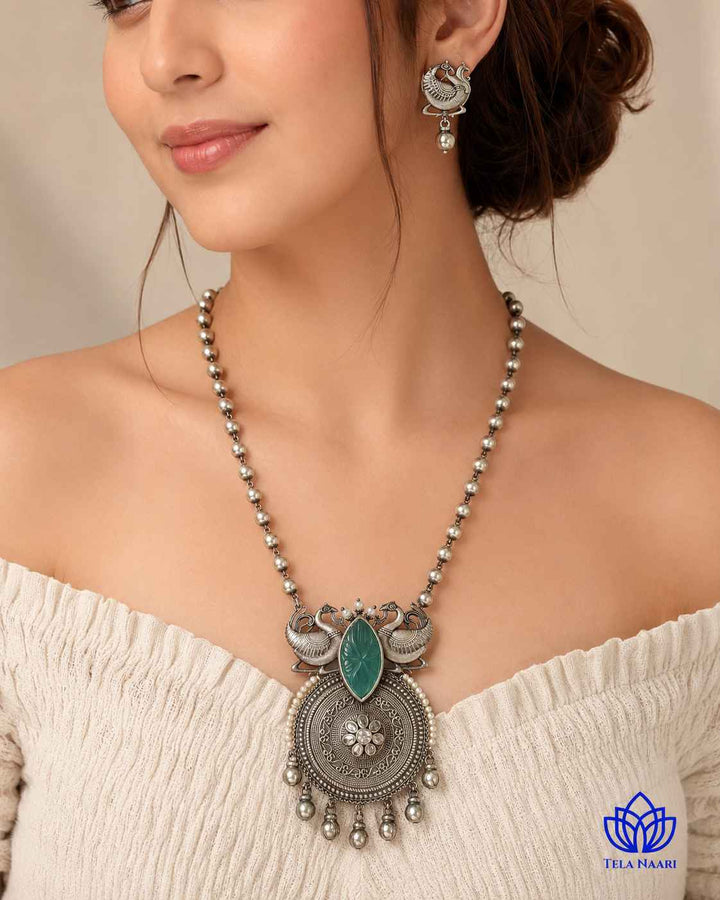 Anika Silver Plated Green Stone Necklace Set
