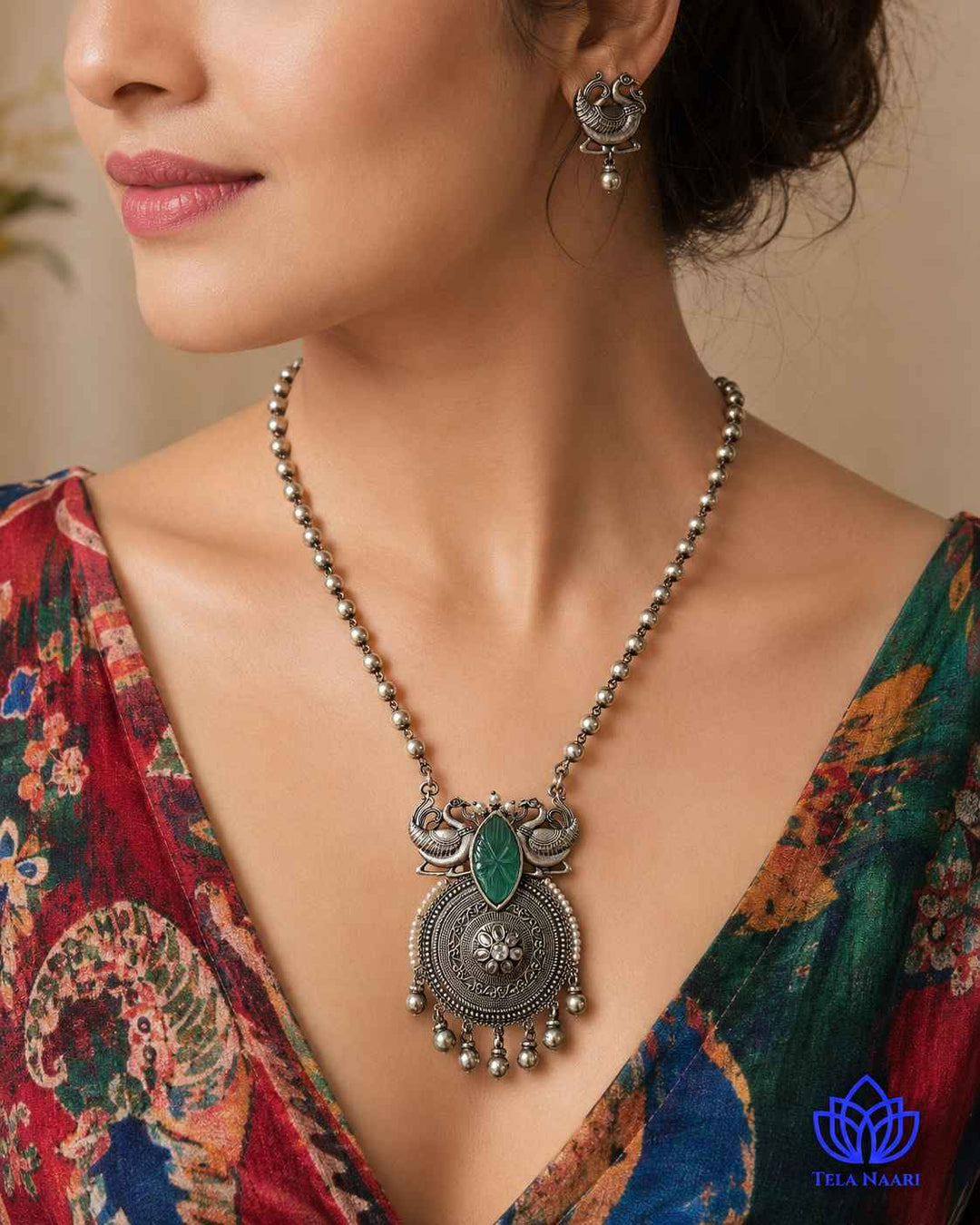Anika Silver Plated Green Stone Necklace Set