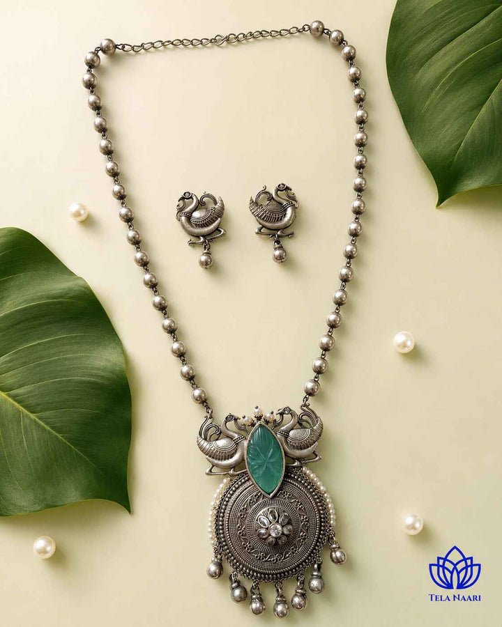 Anika Silver Plated Green Stone Necklace Set