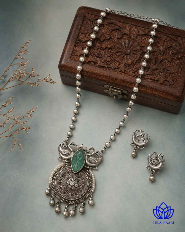 Anika Silver Plated Green Stone Necklace Set
