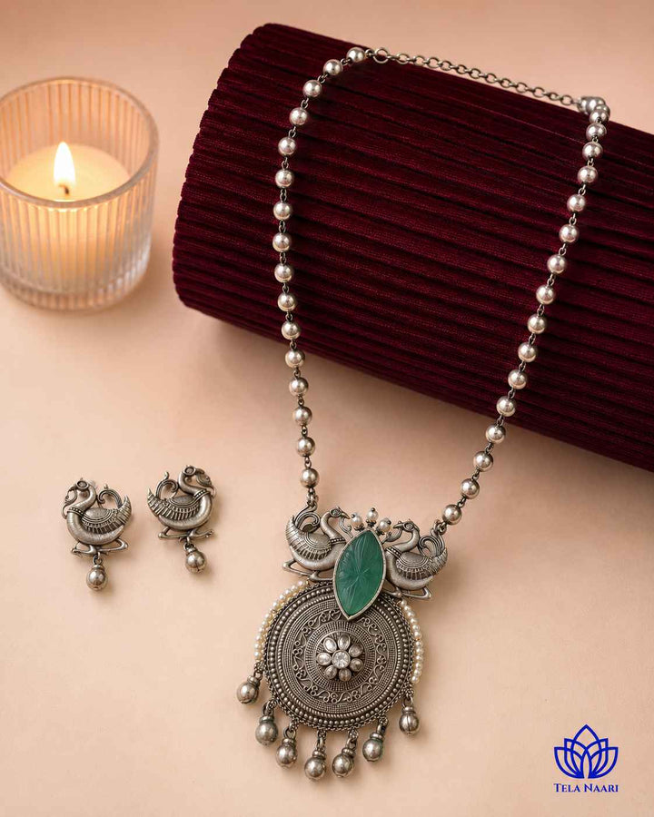 Anika Silver Plated Green Stone Necklace Set