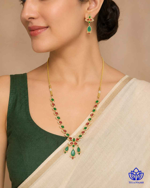 Bhagya Victorian Gold Plated Red Green Stone Necklace Set