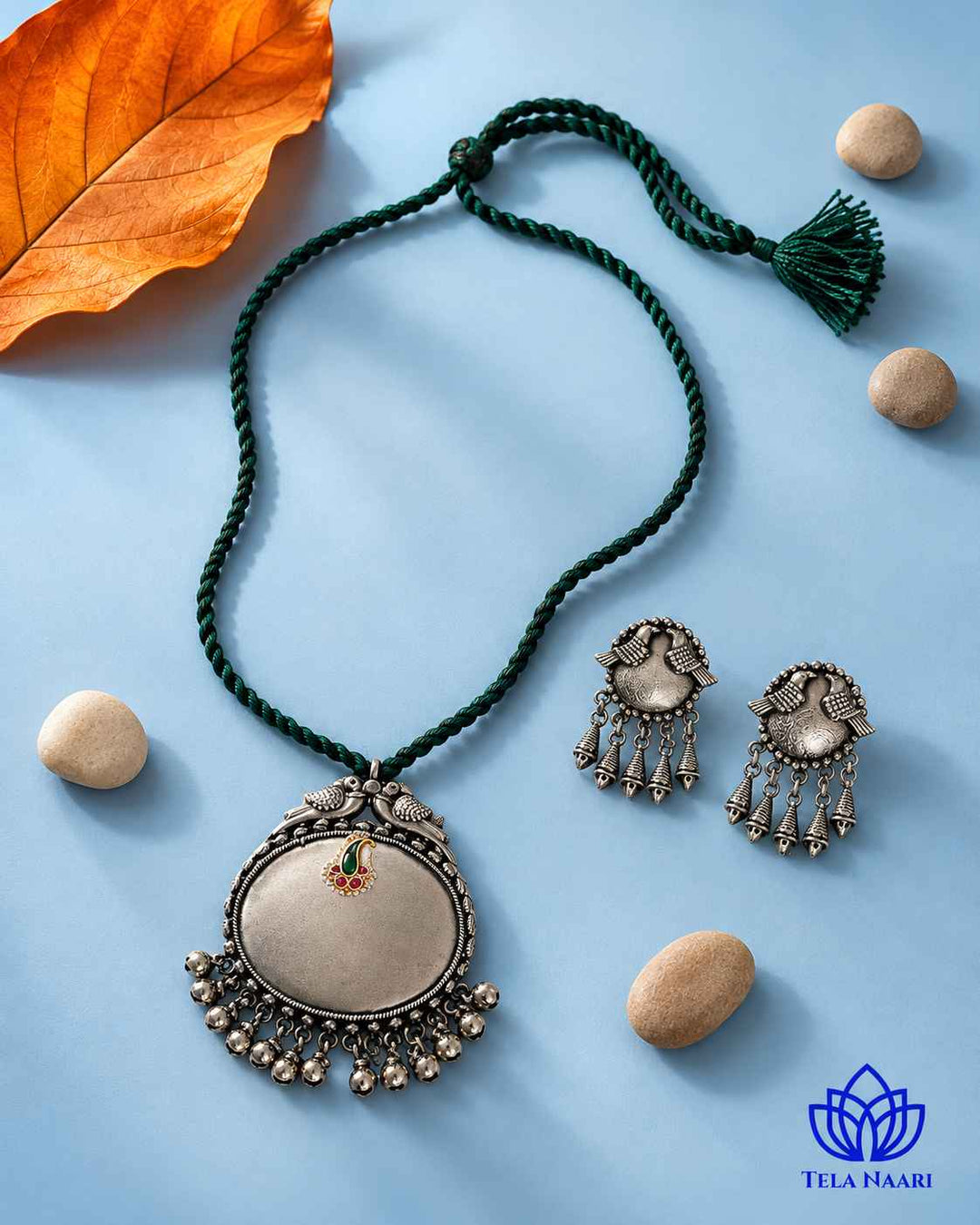 Sarayu Silver Plated Green Thread Necklace Set