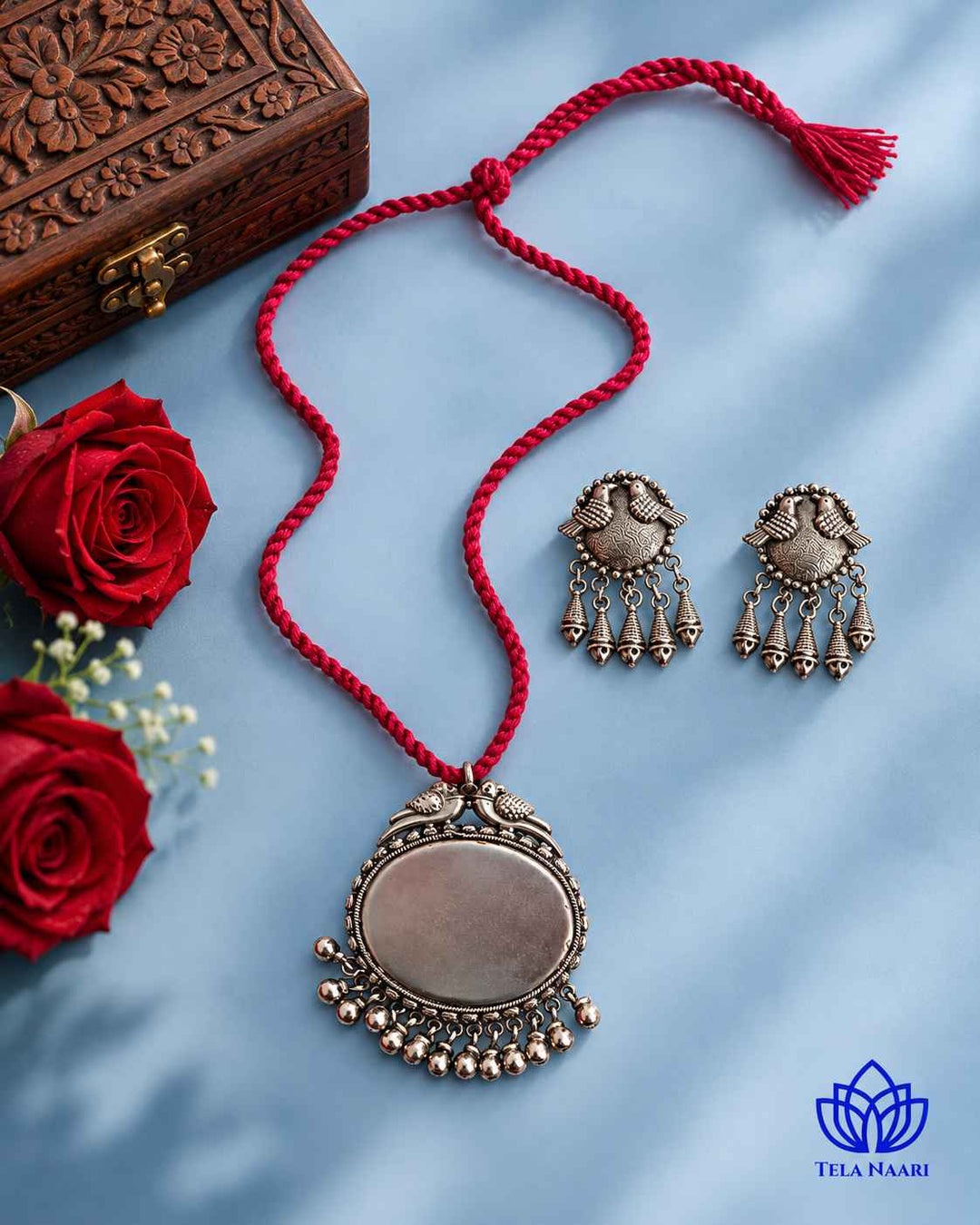 Sarayu Silver Plated Red Thread Necklace Set