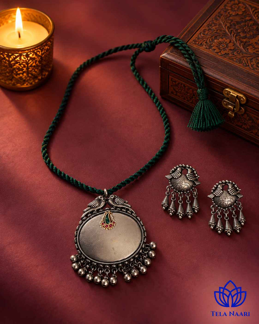 Sarayu Silver Plated Green Thread Necklace Set