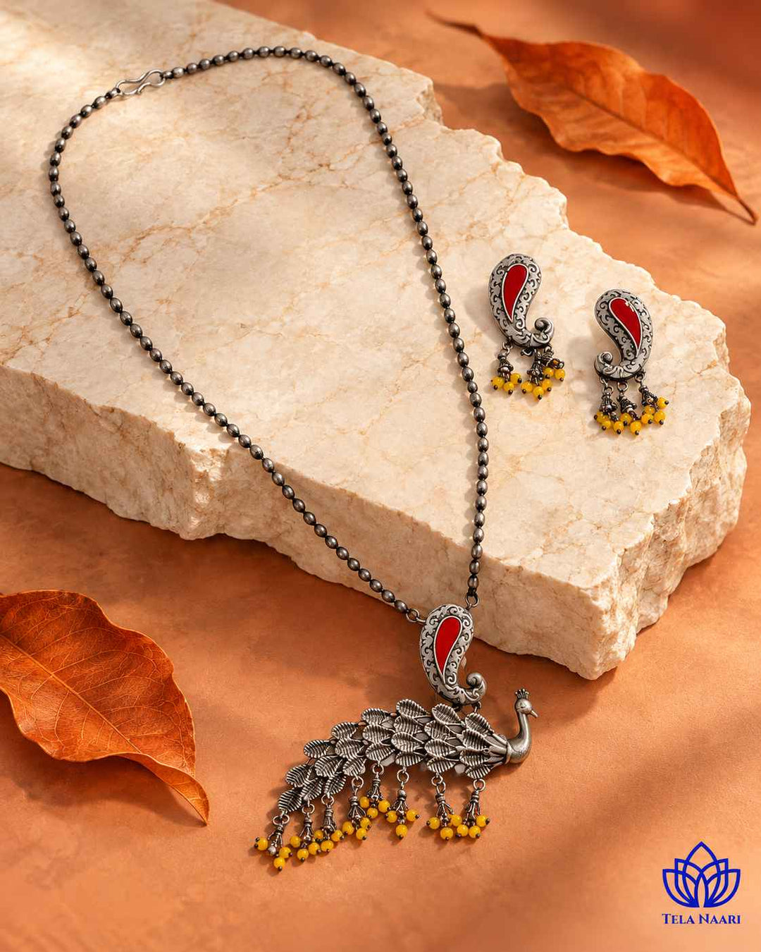 Latika Silver Plated Red Peacock Necklace Set