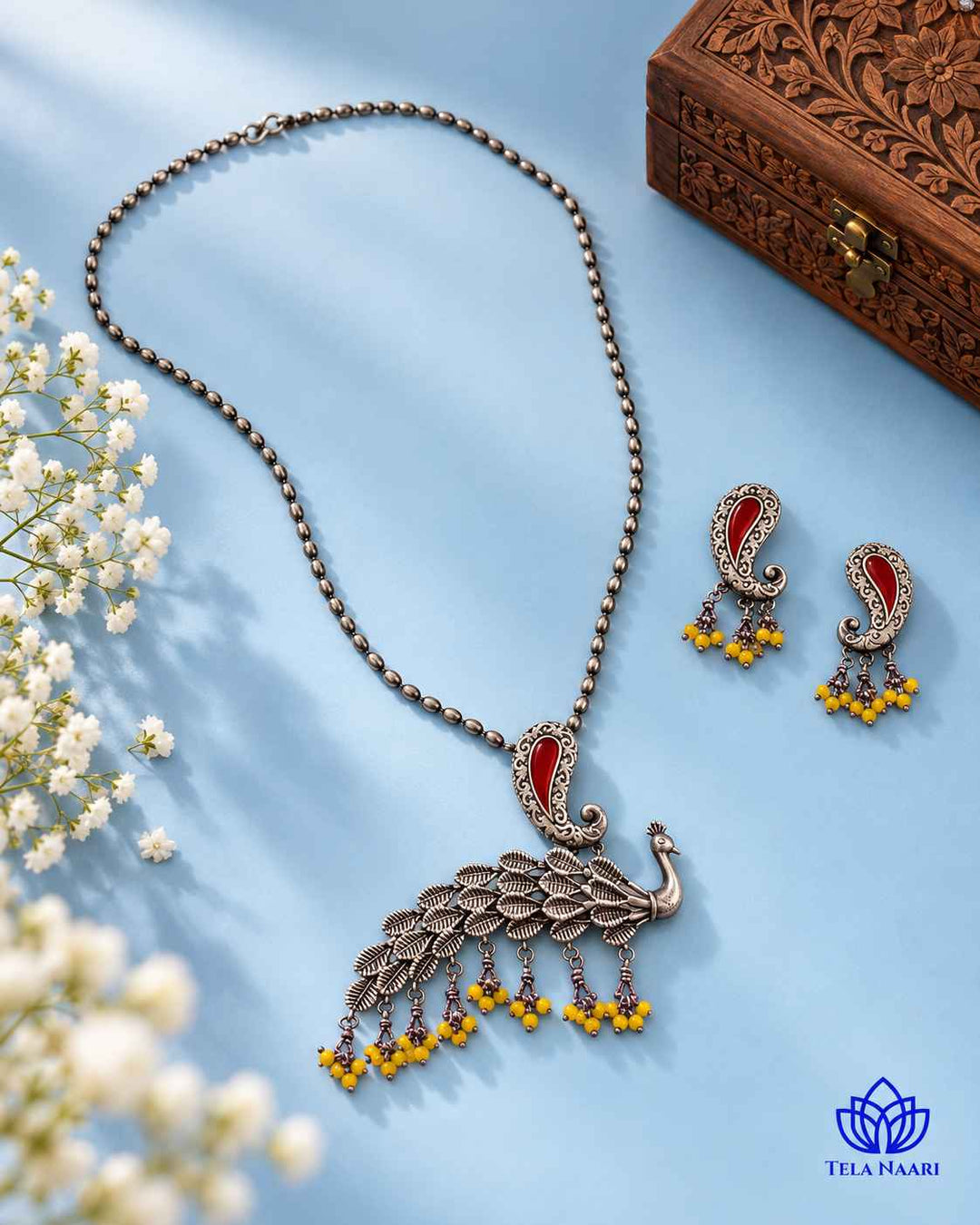Latika Silver Plated Red Peacock Necklace Set