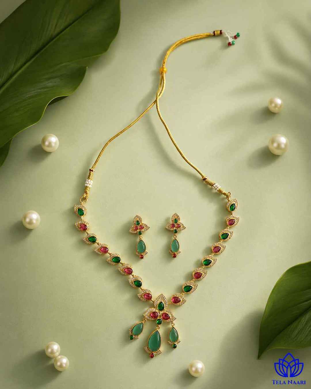 Bhagya Victorian Gold Plated Red Green Stone Necklace Set