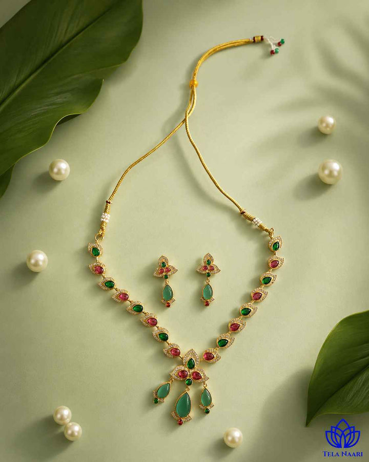 Bhagya Victorian Gold Plated Red Green Stone Necklace Set