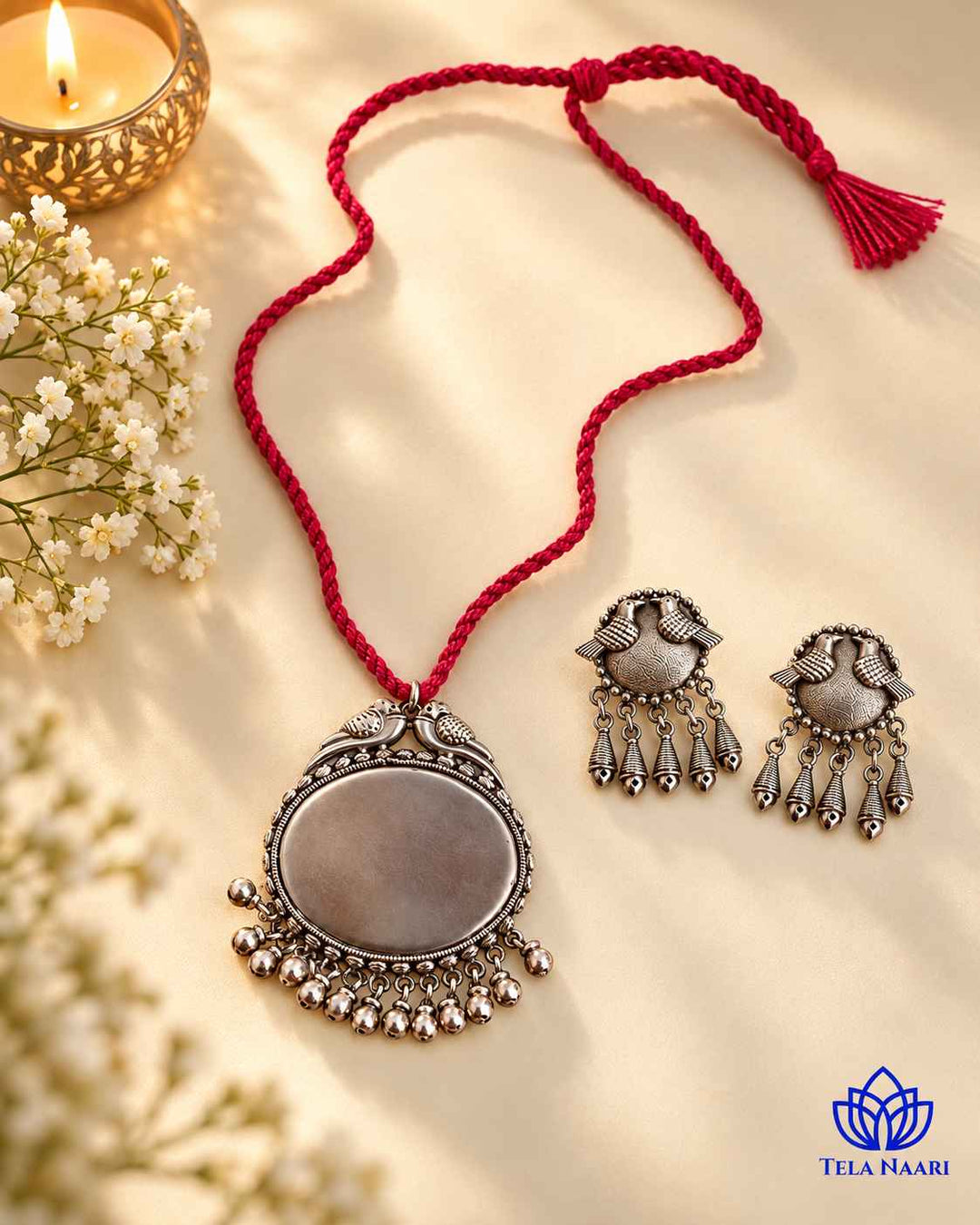 Sarayu Silver Plated Red Thread Necklace Set