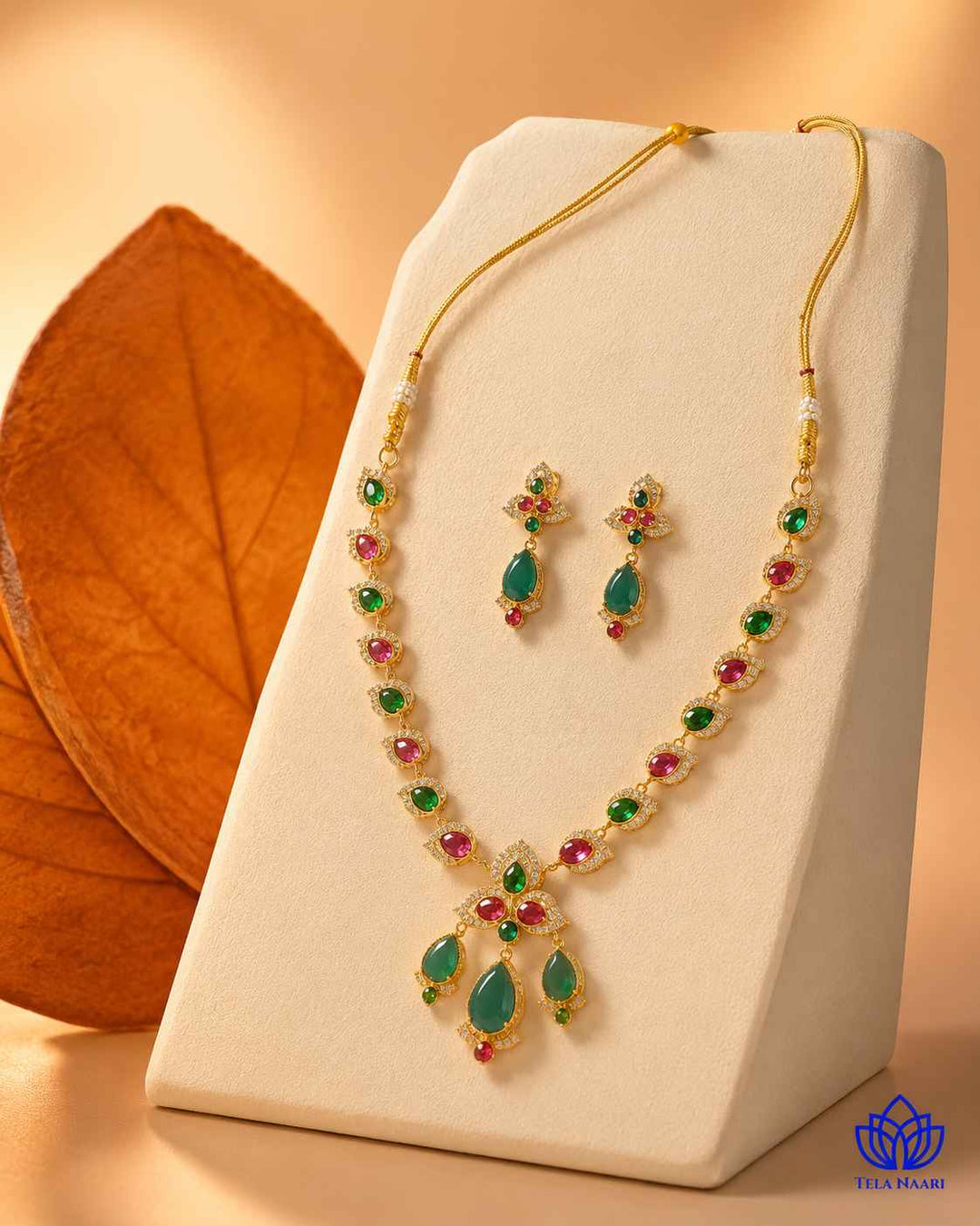 Bhagya Victorian Gold Plated Red Green Stone Necklace Set